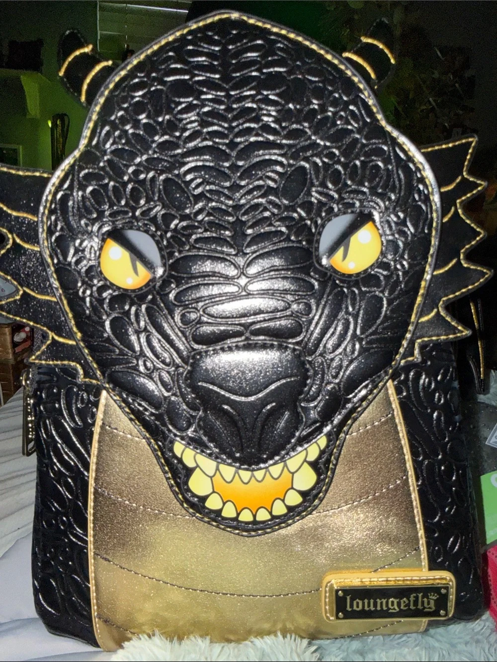 Loungefly Black and Gold Dragon Mini Backpack